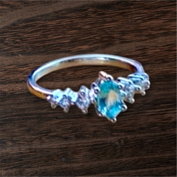 Jewelry - Marquis Cut Ring, Simulated Blue and White Quartz Silver Plated, Size 7